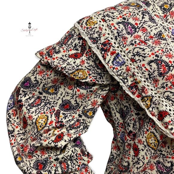 COTTAGECORE Prairie Vintage 70s Look Peacock Print Lace Trim Blouse Top M L - Picture 14 of 16